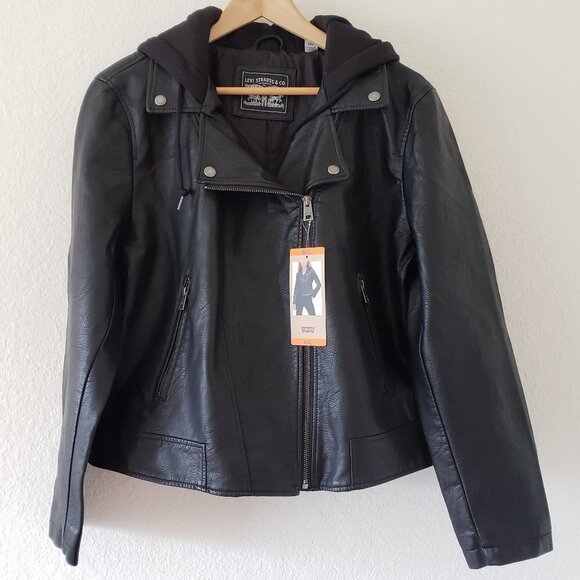 NWT - Levi's Ladies' Faux Leather Black Moto Hooded Jacket – Size XXL (16) - Picture 5 of 9